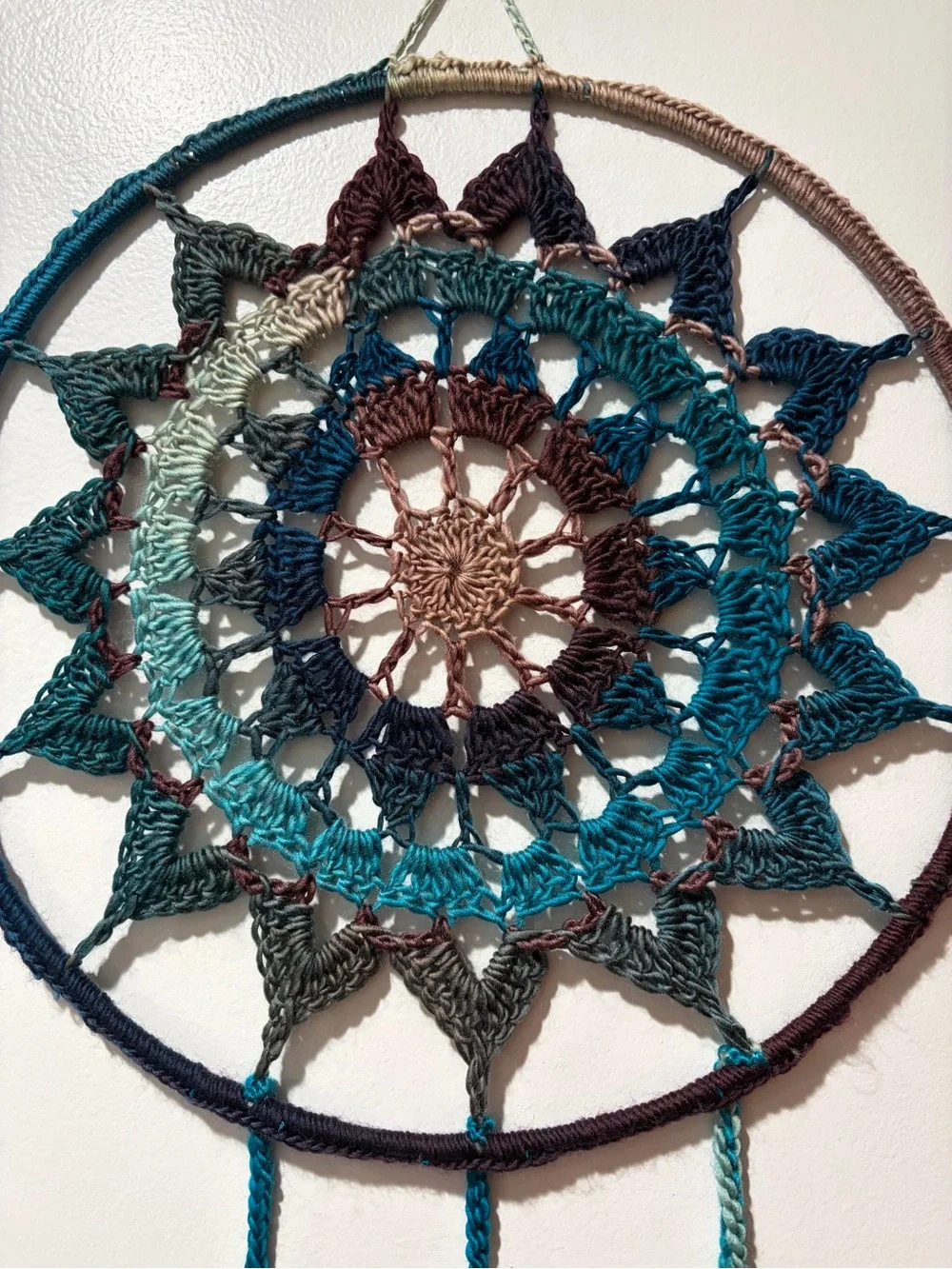 Handmade Crochet Dreamcatcher Teal Brown Boho Wall Hanging